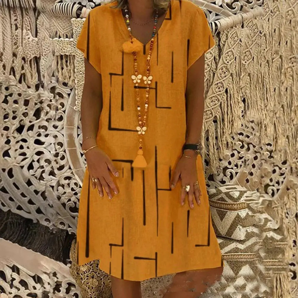 🌲😍【50% zniżki🔥】Nowa sukienka z bawełny i lnu z nadrukiem i dekoltem w serek – wyprzedaż końcowosezonowa