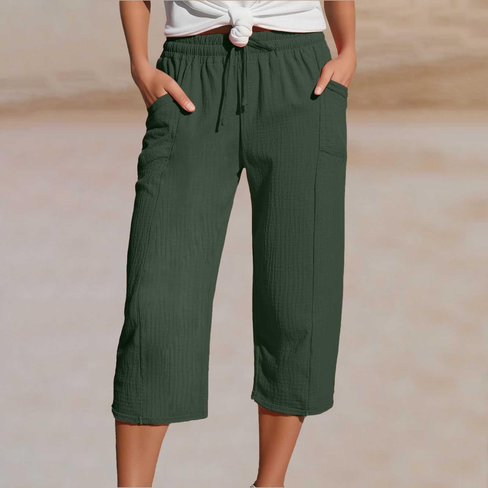 🌸【40-100kg】Damskie gładkie spodnie typu cropped, plisowane, z bawełny i lnu