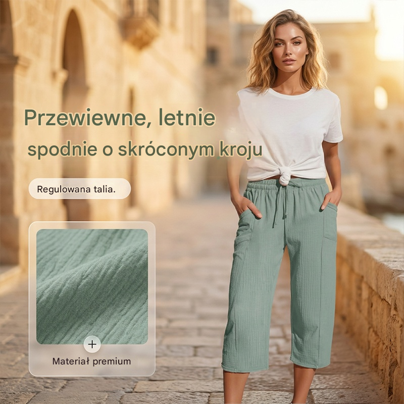 🌸【40-100kg】Damskie gładkie spodnie typu cropped, plisowane, z bawełny i lnu