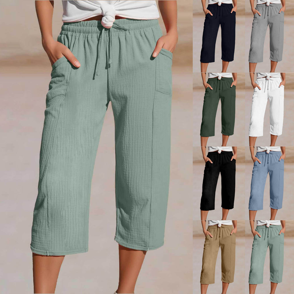 🌸【40-100kg】Damskie gładkie spodnie typu cropped, plisowane, z bawełny i lnu