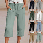 🌸【40-100kg】Damskie gładkie spodnie typu cropped, plisowane, z bawełny i lnu