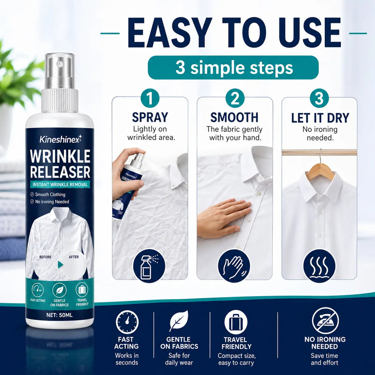 👔 Spray przeciw zagnieceniom. Bez prasowania, szybko wygładza i odświeża ubrania.