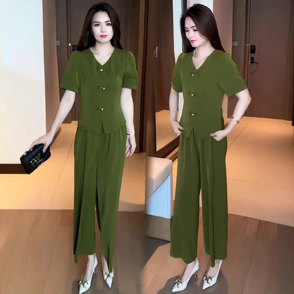 【M-5XL】【Koszulka + Szerokie spodnie】Modny komplet z jedwabiu lodowego