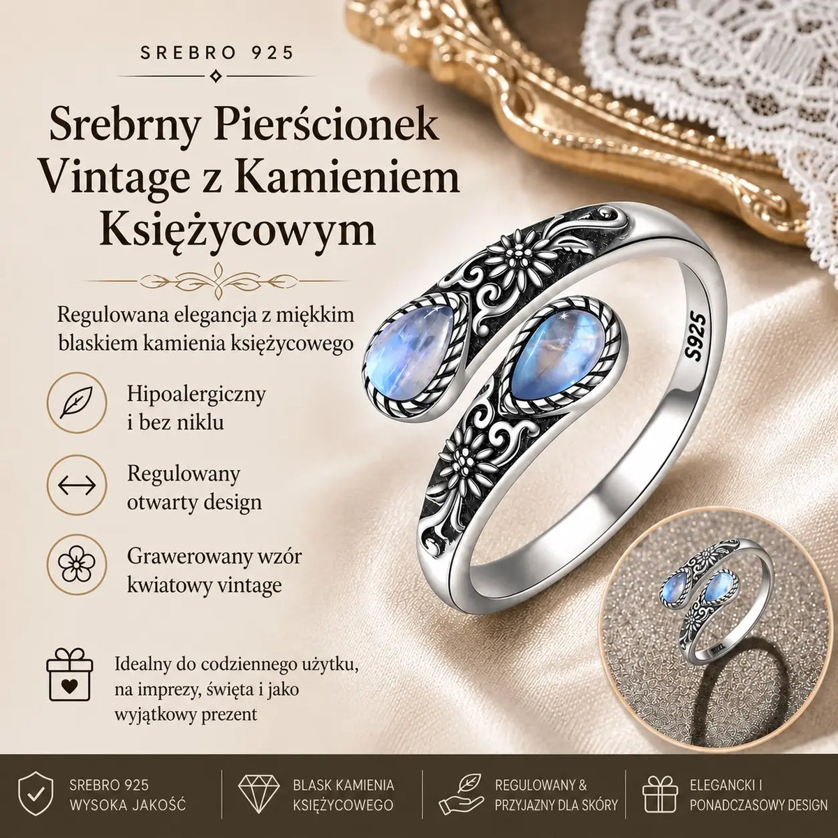 Ostatni dzień: 50% zniżki na pierścionek z kwiatem z kamienia księżycowego w stylu vintage. Regulowany rozmiar · Ponadczasowa elegancja