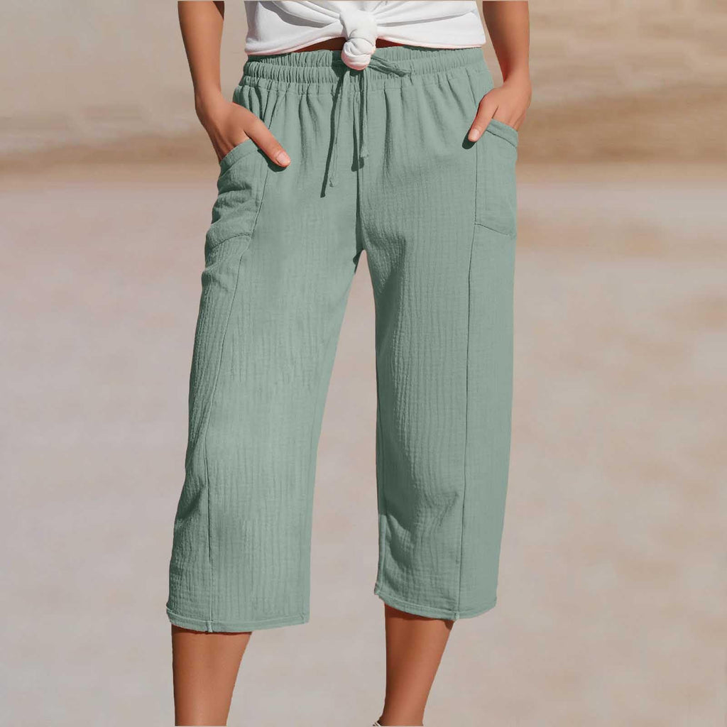 🌸【40-100kg】Damskie gładkie spodnie typu cropped, plisowane, z bawełny i lnu