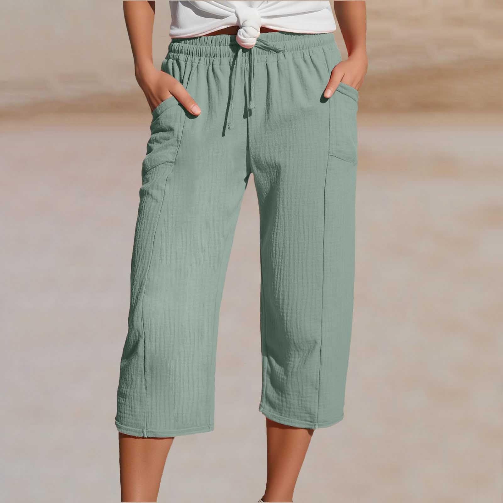 🌸【40-100kg】Damskie gładkie spodnie typu cropped, plisowane, z bawełny i lnu