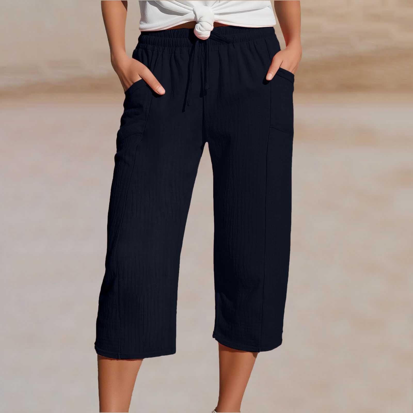 🌸【40-100kg】Damskie gładkie spodnie typu cropped, plisowane, z bawełny i lnu