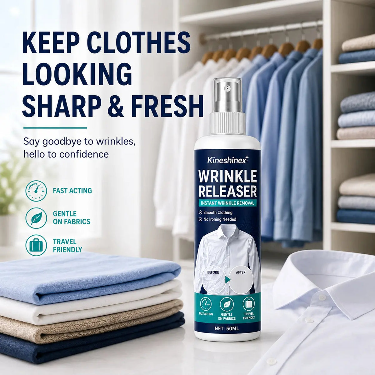 👔 Spray przeciw zagnieceniom. Bez prasowania, szybko wygładza i odświeża ubrania.